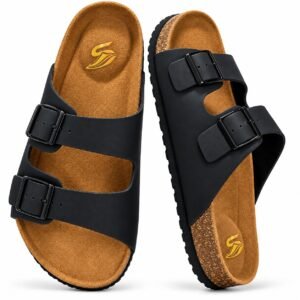 Stepoff Double-Buckle Slide Sandals – Black Casual Cork Footbed Slippers