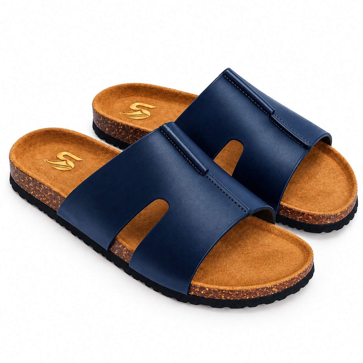 S6 Stepoff Wide-Strap Slide Sandals – Blue Casual Cork Footbed Slippers - Image 1
